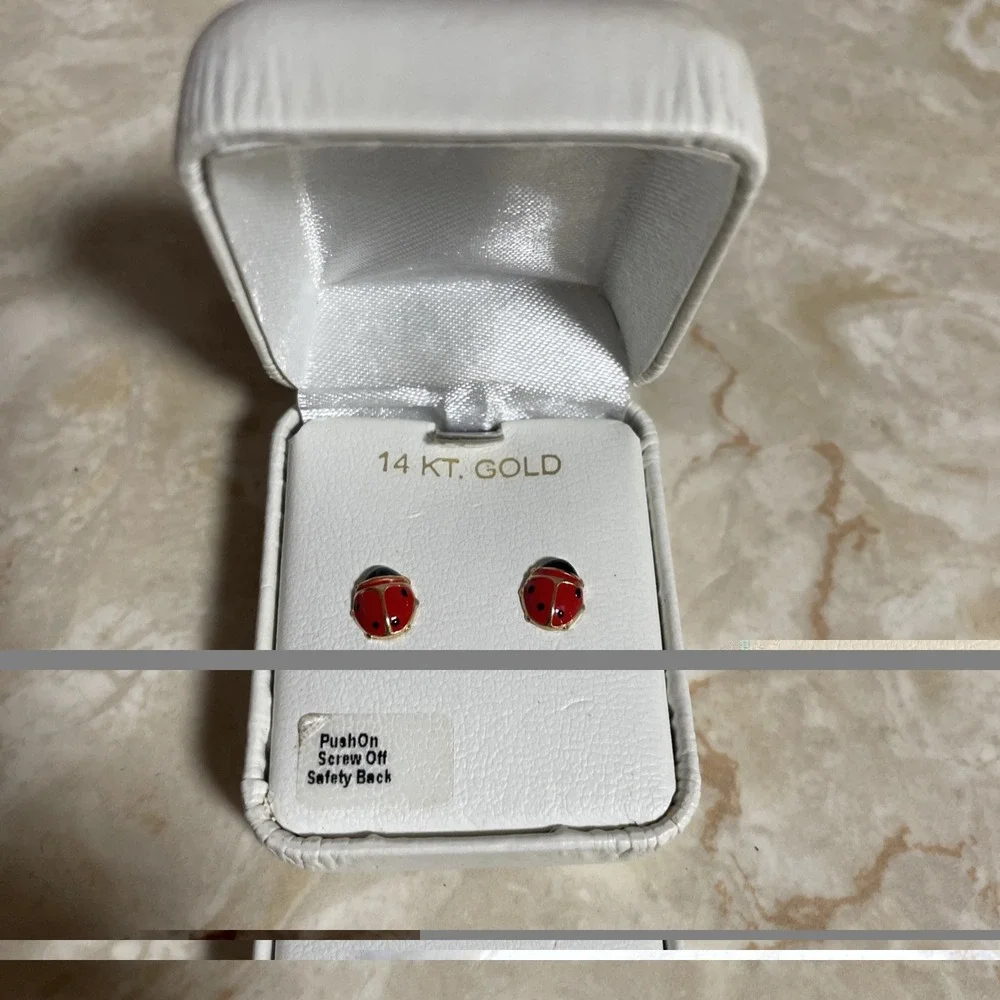 14 Kt. Gold‎ Enamel Lucky Lady Bug Stud Earrings Screw Off Safety Back